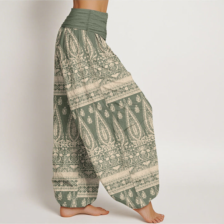 Pantalon sarouel décontracté en pur coton avec rayures et plumes pour femme, taille élastique, motif Buddha Stones