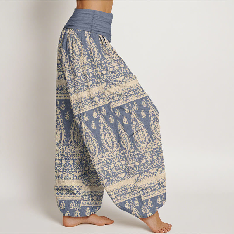 Pantalon sarouel décontracté en pur coton avec rayures et plumes pour femme, taille élastique, motif Buddha Stones