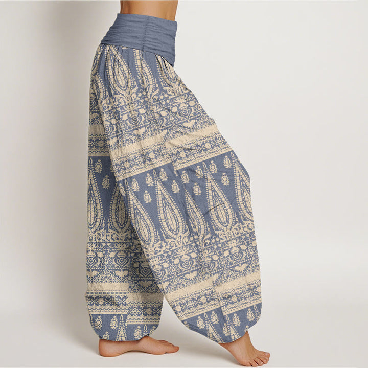 Pantalon sarouel décontracté en pur coton avec rayures et plumes pour femme, taille élastique, motif Buddha Stones