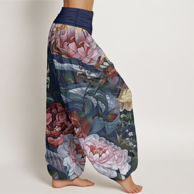 Pantalon Buddha Stones en pur coton avec motif serpent, pivoines, fleurs et feuilles pour femme, taille élastique