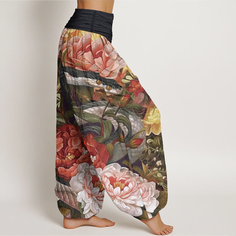 Pantalon Buddha Stones en pur coton avec motif serpent, pivoines, fleurs et feuilles pour femme, taille élastique