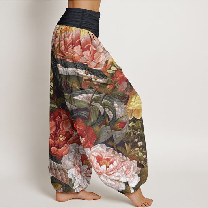 Pantalon Buddha Stones en pur coton avec motif serpent, pivoines, fleurs et feuilles pour femme, taille élastique