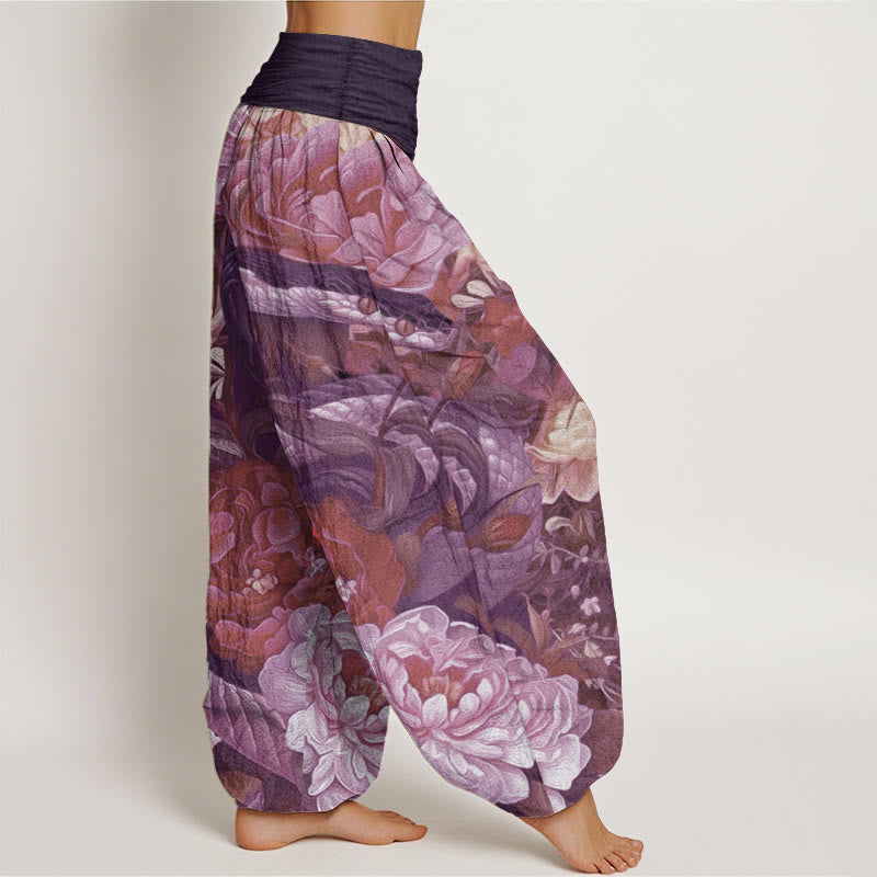 Pantalon Buddha Stones en pur coton avec motif serpent, pivoines, fleurs et feuilles pour femme, taille élastique