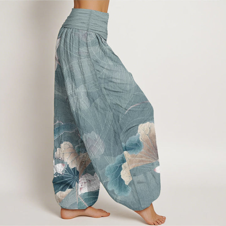 Pantalon Buddha Stones en pur coton avec motif de fleurs de lotus et de feuilles pour femme, taille élastique