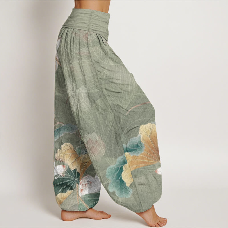 Pantalon Buddha Stones en pur coton avec motif de fleurs de lotus et de feuilles pour femme, taille élastique