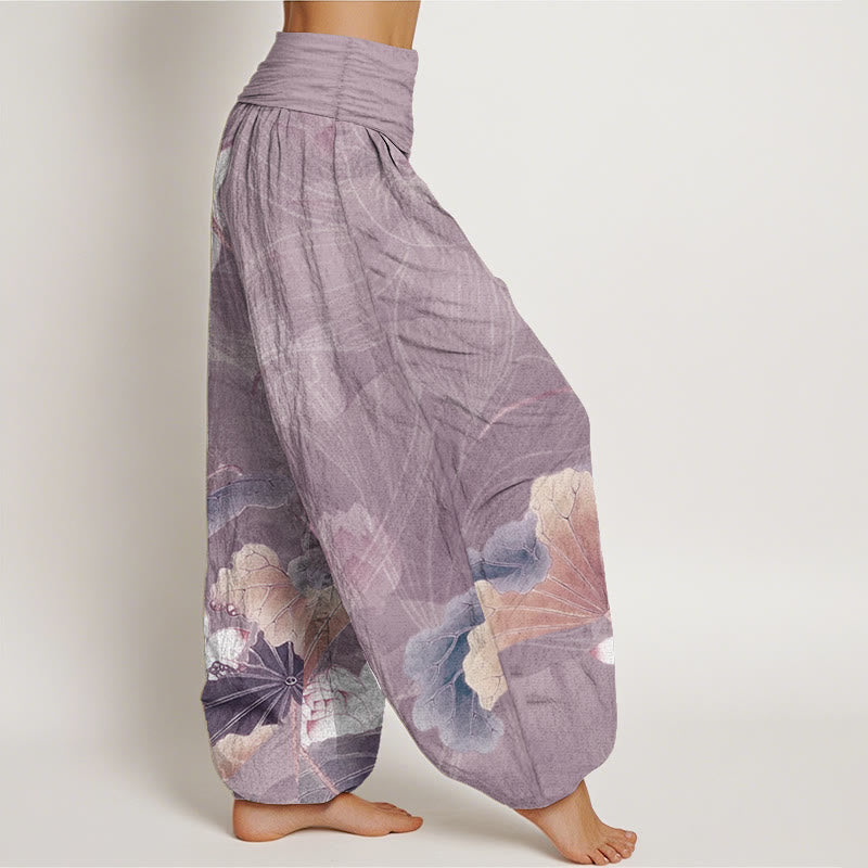 Pantalon Buddha Stones en pur coton avec motif de fleurs de lotus et de feuilles pour femme, taille élastique