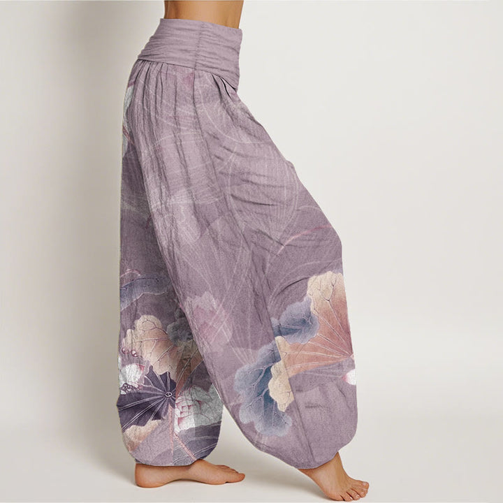 Pantalon Buddha Stones en pur coton avec motif de fleurs de lotus et de feuilles pour femme, taille élastique