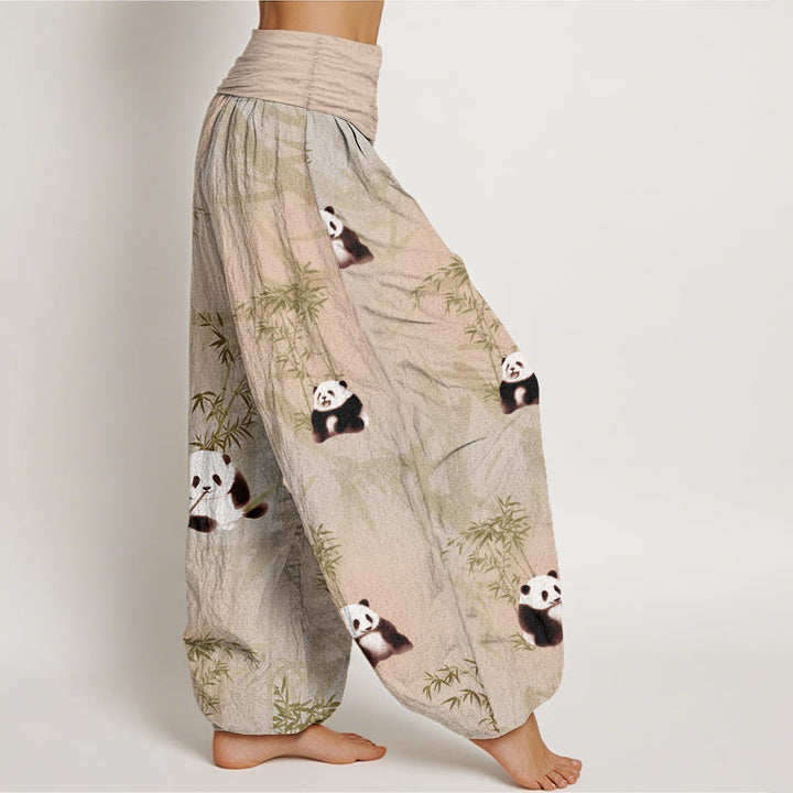 Pantalon sarouel taille élastique pour femme en pur coton motif panda et bambou Buddha Stones