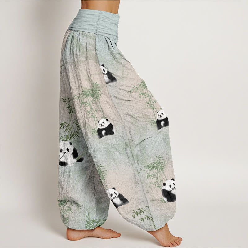 Pantalon sarouel taille élastique pour femme en pur coton motif panda et bambou Buddha Stones