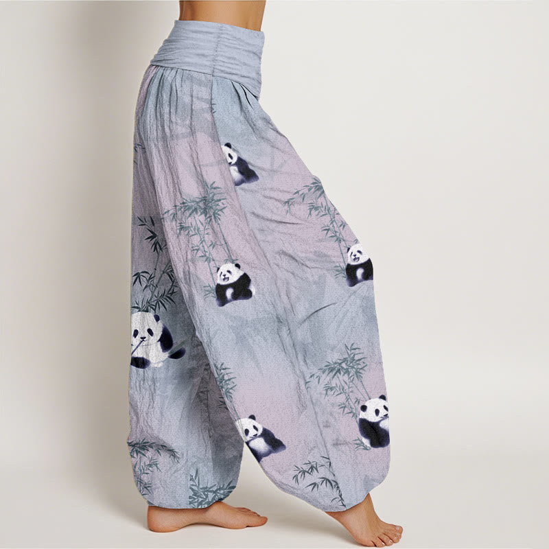 Pantalon sarouel taille élastique pour femme en pur coton motif panda et bambou Buddha Stones