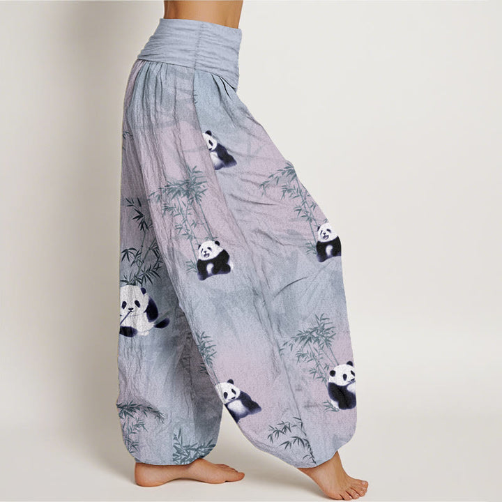 Pantalon sarouel taille élastique pour femme en pur coton motif panda et bambou Buddha Stones