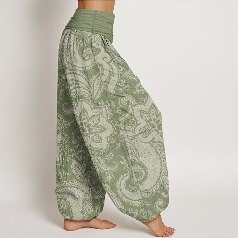 Pantalon Buddha Stones femme en pur coton à motif cachemire et fleurs, taille élastique