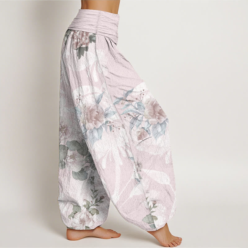Pantalon sarouel femme taille élastique en pur coton avec fleurs et Buddha Stones blanches