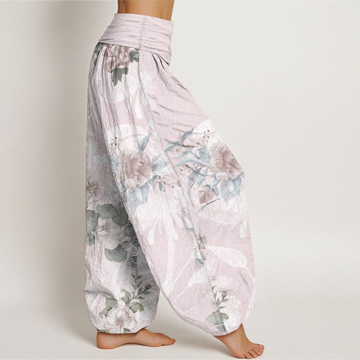 Pantalon sarouel femme taille élastique en pur coton avec fleurs et Buddha Stones blanches