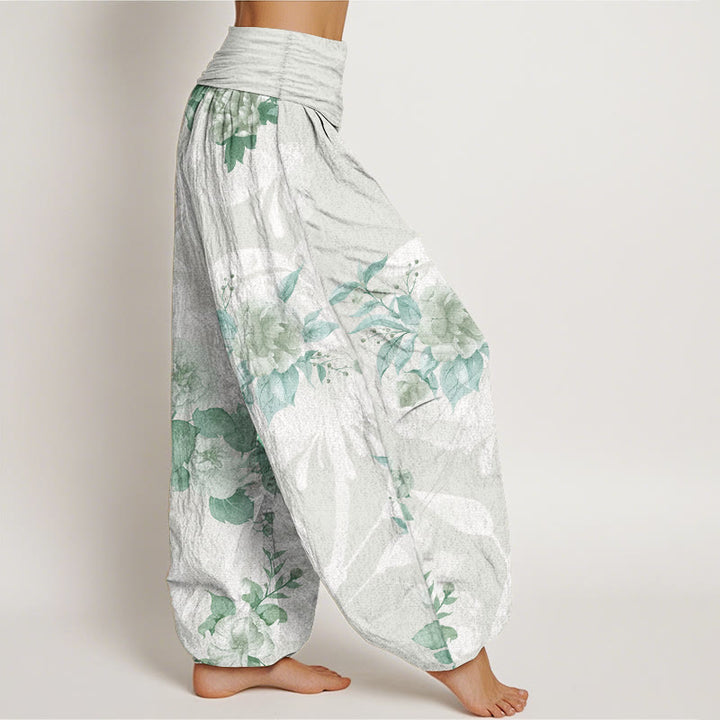 Pantalon sarouel femme taille élastique en pur coton avec fleurs et Buddha Stones blanches