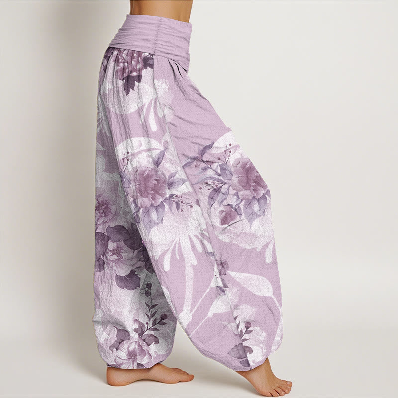 Pantalon sarouel femme taille élastique en pur coton avec fleurs et Buddha Stones blanches