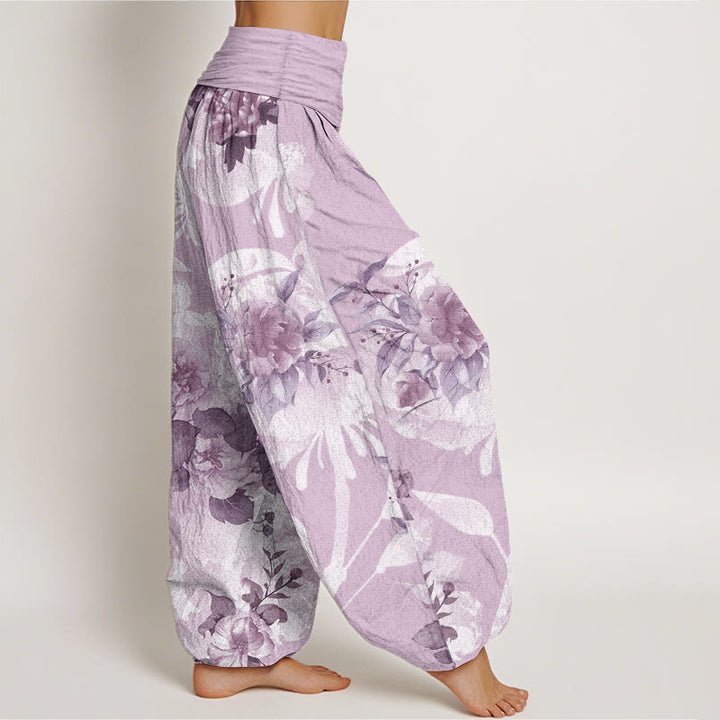 Pantalon sarouel femme taille élastique en pur coton avec fleurs et Buddha Stones blanches