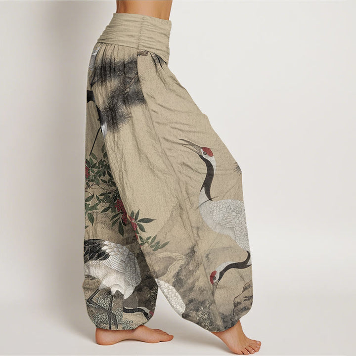 Pantalon Buddha Stones en pur coton avec motif grue à couronne rouge et pin pour femme, taille élastique