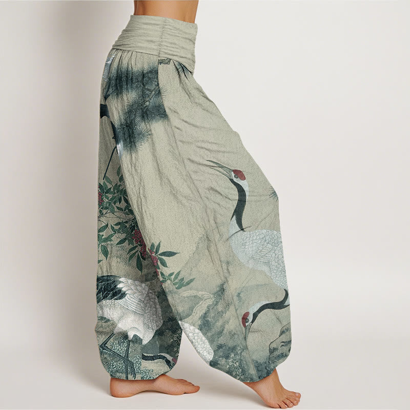 Pantalon Buddha Stones en pur coton avec motif grue à couronne rouge et pin pour femme, taille élastique