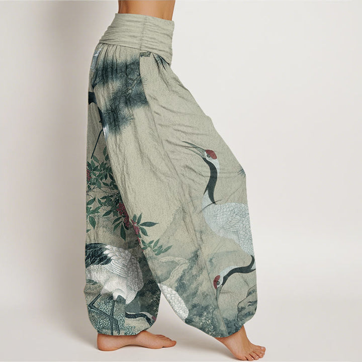 Pantalon Buddha Stones en pur coton avec motif grue à couronne rouge et pin pour femme, taille élastique