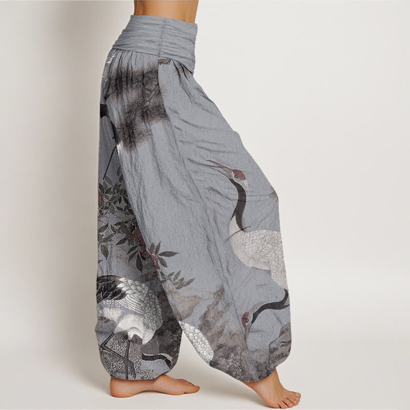 Pantalon Buddha Stones en pur coton avec motif grue à couronne rouge et pin pour femme, taille élastique