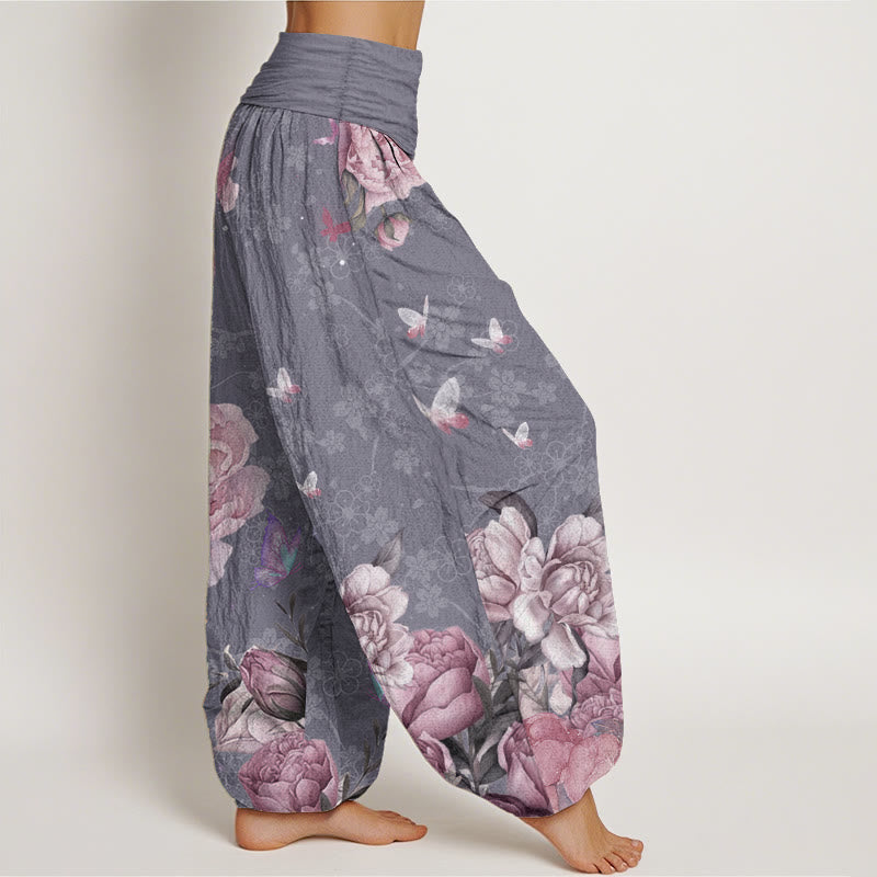 Pantalon Buddha Stones décontracté en pur coton avec motif pivoine et papillon pour femme, taille élastique