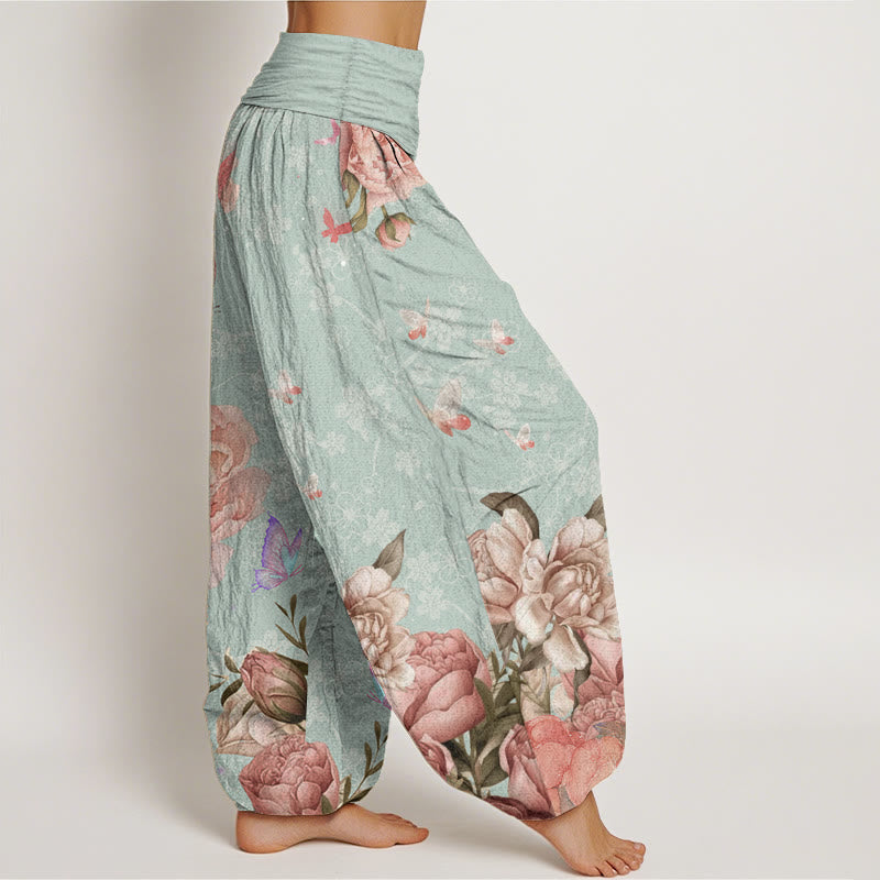 Pantalon Buddha Stones décontracté en pur coton avec motif pivoine et papillon pour femme, taille élastique