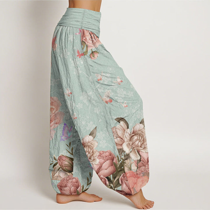 Pantalon Buddha Stones décontracté en pur coton avec motif pivoine et papillon pour femme, taille élastique