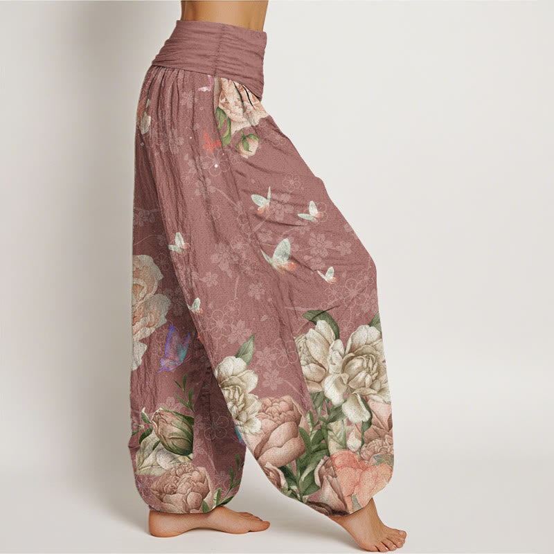Pantalon Buddha Stones décontracté en pur coton avec motif pivoine et papillon pour femme, taille élastique