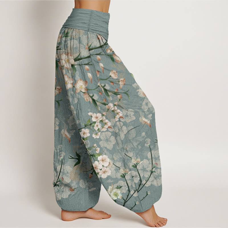 Pantalon Buddha Stones taille élastique pour femme, motif fleurs de pêcher et oies volantes, en pur coton, motif Buddha Stones