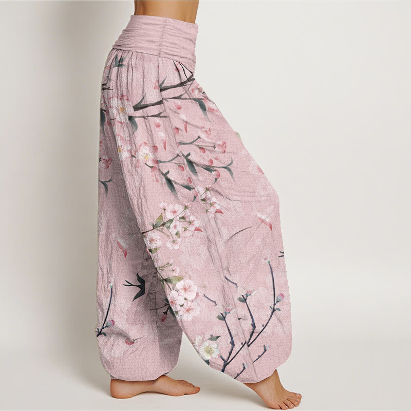 Pantalon Buddha Stones taille élastique pour femme, motif fleurs de pêcher et oies volantes, en pur coton, motif Buddha Stones