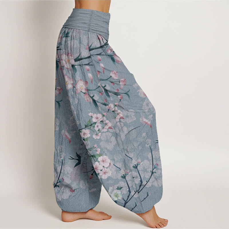 Pantalon Buddha Stones taille élastique pour femme, motif fleurs de pêcher et oies volantes, en pur coton, motif Buddha Stones