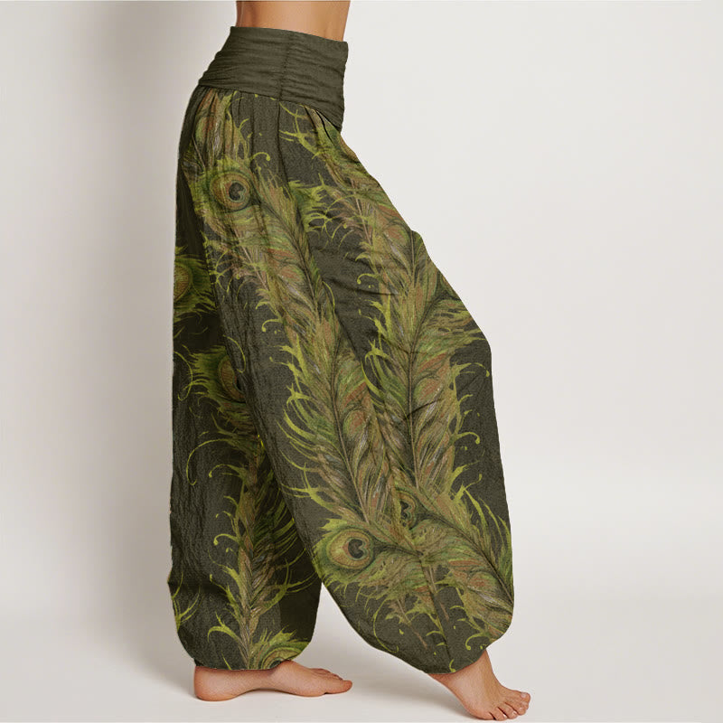 Pantalon sarouel taille élastique pour femme en pur coton avec motif phénix brillant et Buddha Stones