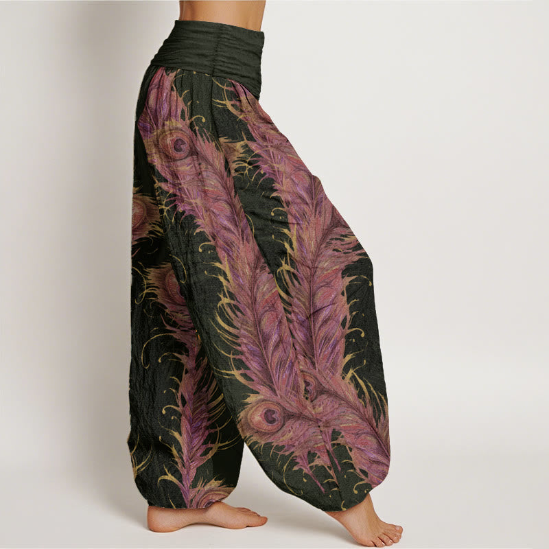 Pantalon sarouel taille élastique pour femme en pur coton avec motif phénix brillant et Buddha Stones