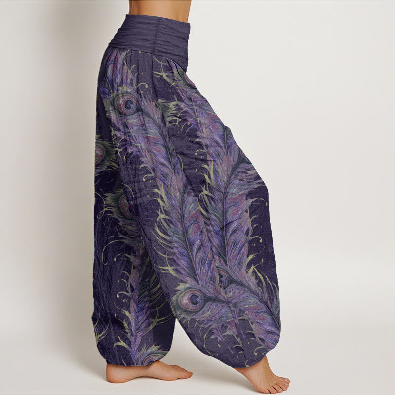 Pantalon sarouel taille élastique pour femme en pur coton avec motif phénix brillant et Buddha Stones