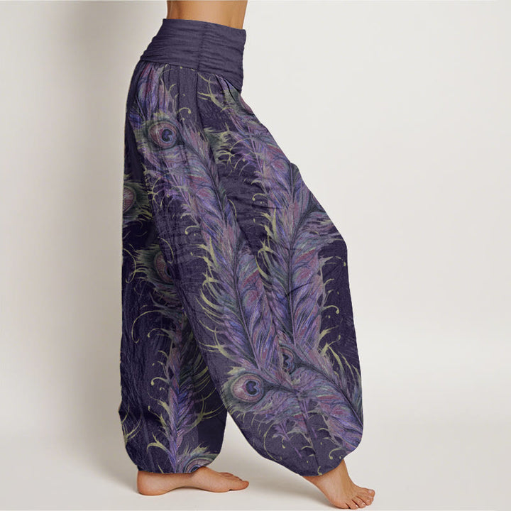 Pantalon sarouel taille élastique pour femme en pur coton avec motif phénix brillant et Buddha Stones