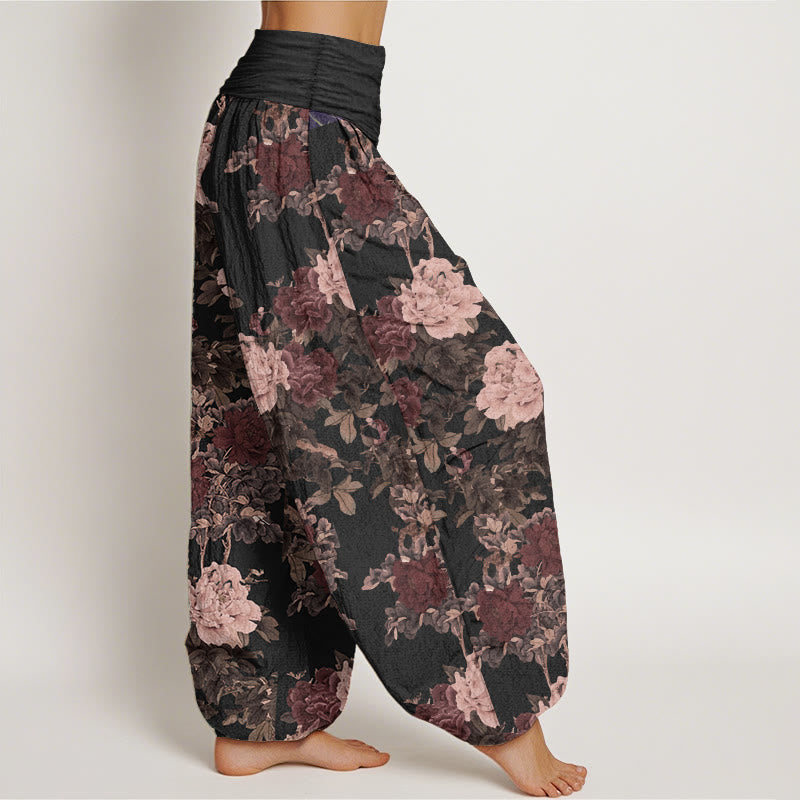 Pantalon Buddha Stones décontracté en pur coton avec motif de pivoines luxuriantes et feuilles pour femme, taille élastique