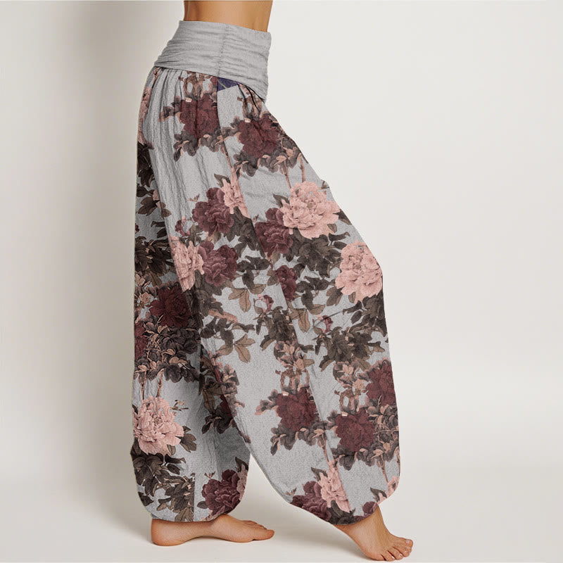 Pantalon Buddha Stones décontracté en pur coton avec motif de pivoines luxuriantes et feuilles pour femme, taille élastique