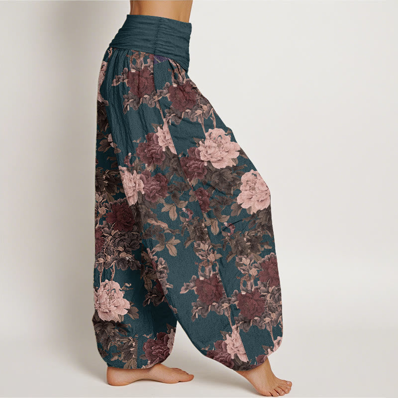 Pantalon Buddha Stones décontracté en pur coton avec motif de pivoines luxuriantes et feuilles pour femme, taille élastique