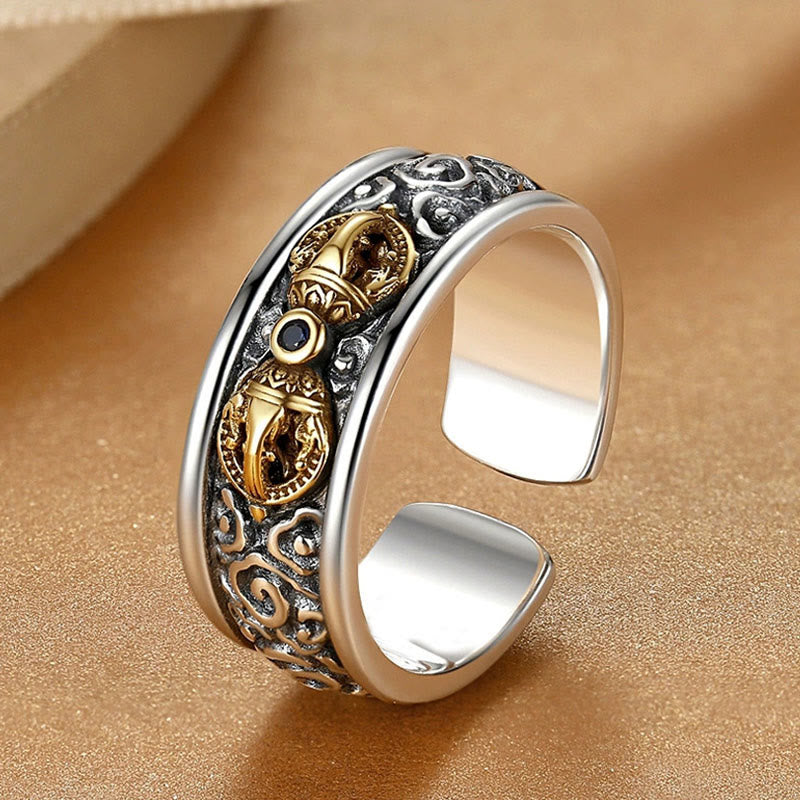 Bague d'équilibre en argent plaqué cuivre avec Buddha Stones vintage tibétaines Vajra et nuages de bon augure - Cuivre - image 1