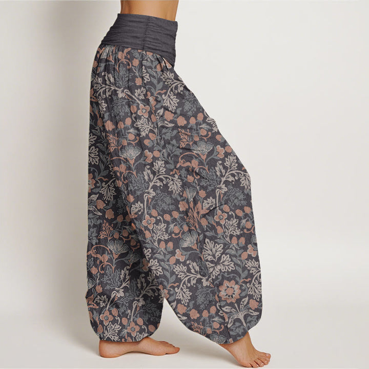 Pantalon Buddha Stones décontracté en pur coton avec motif de fleurs et de feuilles de vigne pour femme, taille élastique