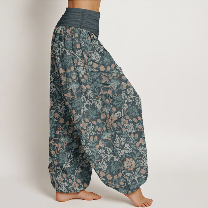 Pantalon Buddha Stones décontracté en pur coton avec motif de fleurs et de feuilles de vigne pour femme, taille élastique