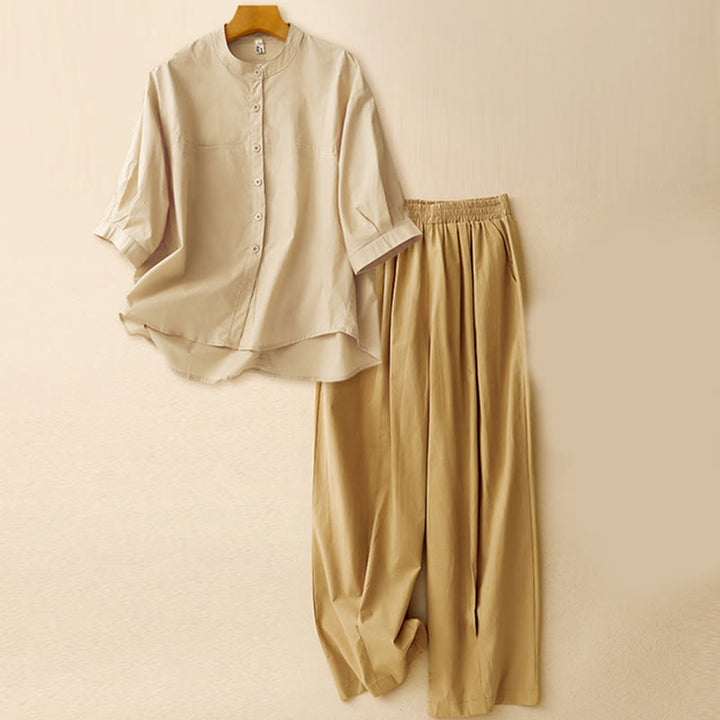 Ensemble 2 pièces pour femme, chemise à manches trois-quarts et sarouel, vêtements de méditation, motif Buddha Stones - Haut abricot + pantalon kaki - US12，UK/AU16，EU44 (2XL) - image 1