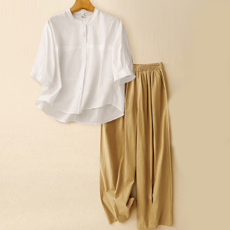 Ensemble 2 pièces pour femme, chemise à manches trois-quarts et sarouel, vêtements de méditation, motif Buddha Stones - Haut blanc cassé + pantalon kaki - US12，UK/AU16，EU44 (2XL) - image 17