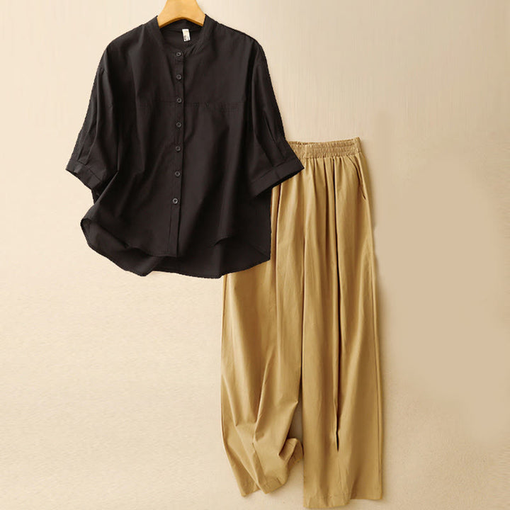 Ensemble 2 pièces pour femme, chemise à manches trois-quarts et sarouel, vêtements de méditation, motif Buddha Stones - Haut noir + pantalon kaki - US12，UK/AU16，EU44 (2XL) - image 24