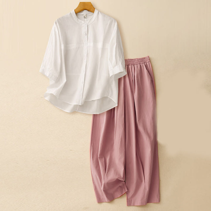 Ensemble 2 pièces pour femme, chemise à manches trois-quarts et sarouel, vêtements de méditation, motif Buddha Stones - Haut blanc cassé + pantalon rose - US12，UK/AU16，EU44 (2XL) - image 26