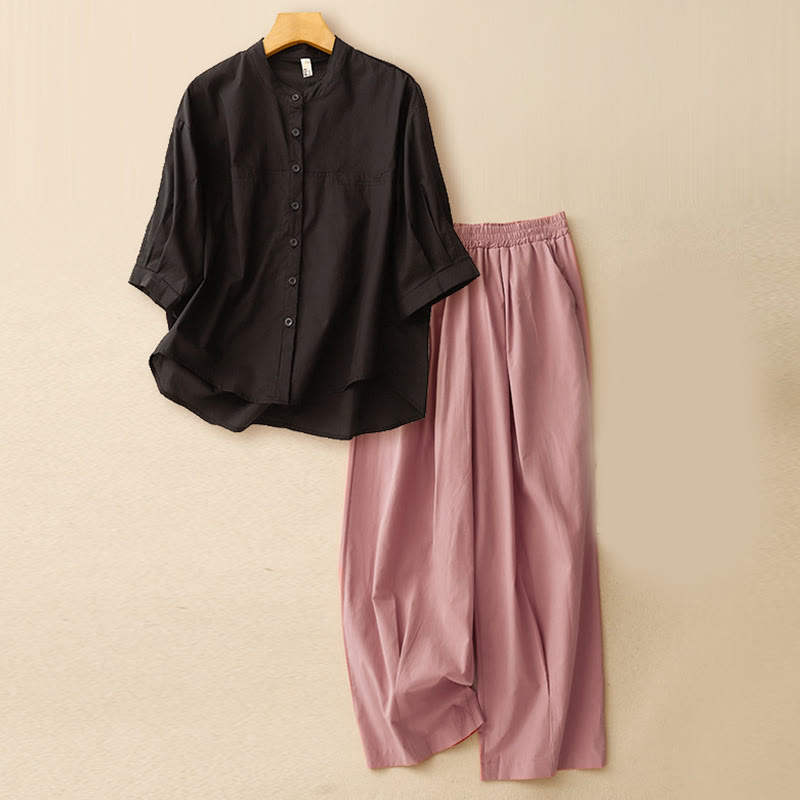 Ensemble 2 pièces pour femme, chemise à manches trois-quarts et sarouel, vêtements de méditation, motif Buddha Stones - Haut noir + pantalon rose - US12，UK/AU16，EU44 (2XL) - image 27