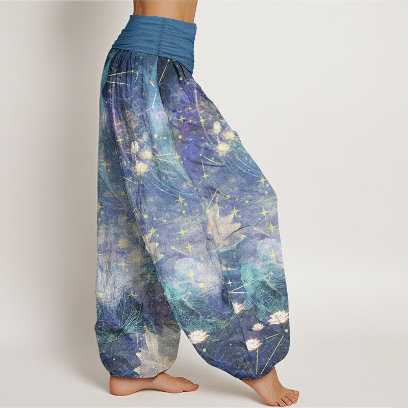 Pantalon sarouel taille élastique pour femme, motif Buddha Stones, pur coton, poisson koï, lotus, lune, étoiles