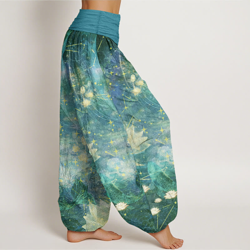 Pantalon sarouel taille élastique pour femme, motif Buddha Stones, pur coton, poisson koï, lotus, lune, étoiles