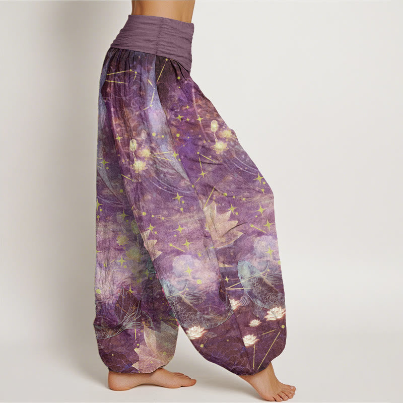 Pantalon sarouel taille élastique pour femme, motif Buddha Stones, pur coton, poisson koï, lotus, lune, étoiles